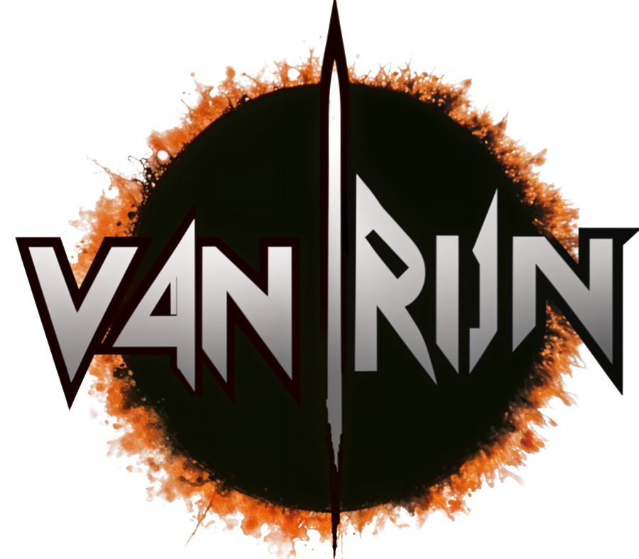 Van Rijn logo: the band name in silver letters split by a sword, over a black sun with an orange corona.