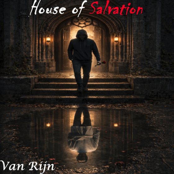 House of Salvation album cover: a hooded figure carrying a red rose walks down the steps of a candlelit stone archway, reflected in a puddle.