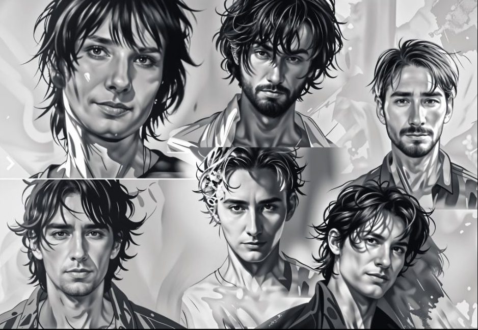 Six black and white charcoal-style portraits of the band members, drawn by a fan in Japan.