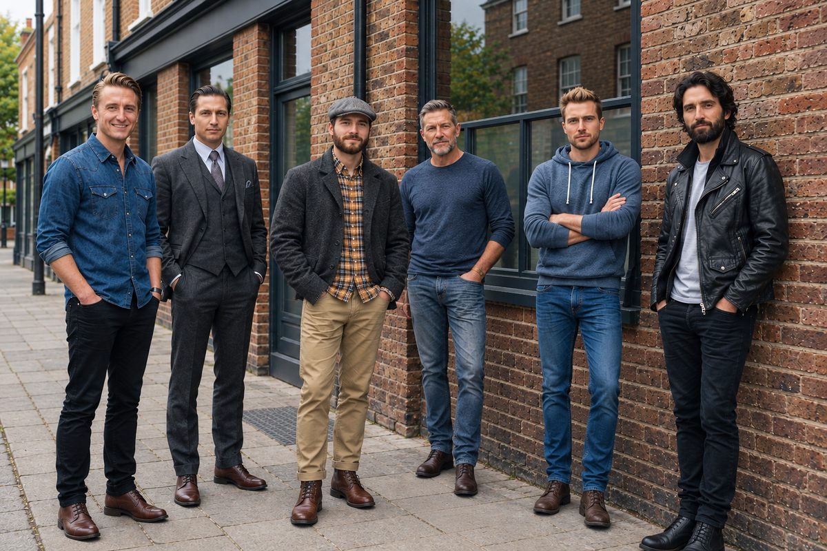 The six band members standing in a row against a red brick wall on a city pavement.